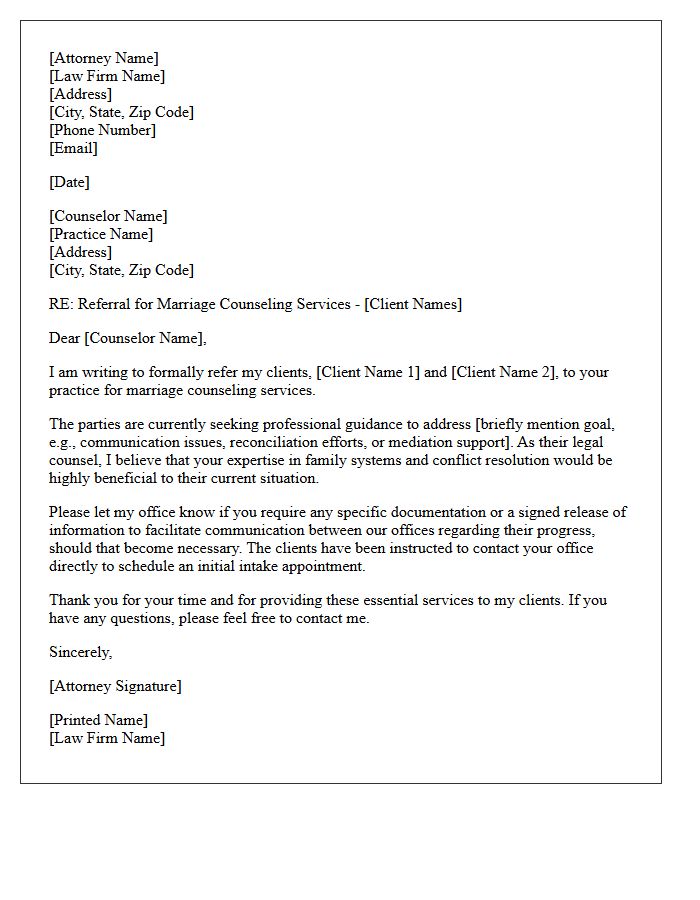 Attorney Referral Letter for Marriage Counseling Services