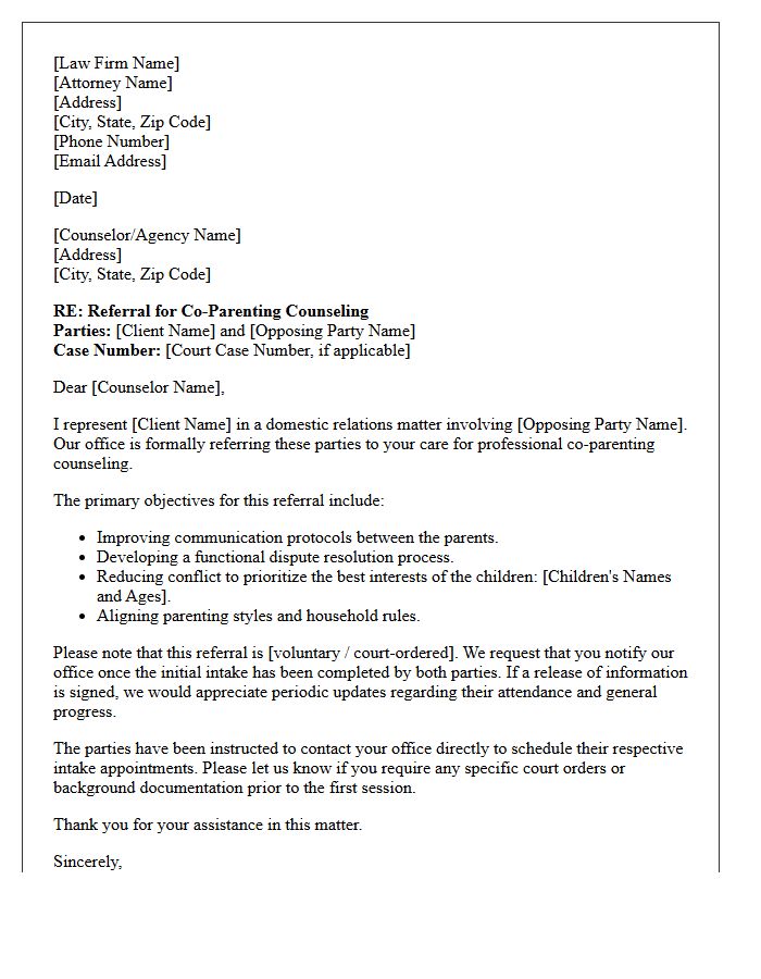 Co-Parenting Counseling Referral Letter from Legal Counsel
