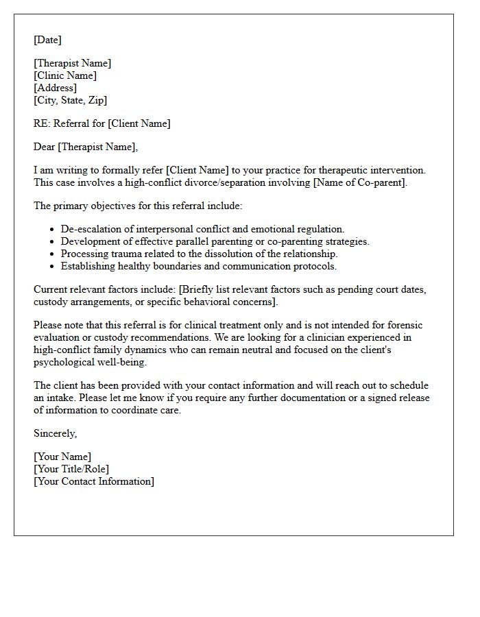 High-Conflict Divorce Therapy Referral Letter