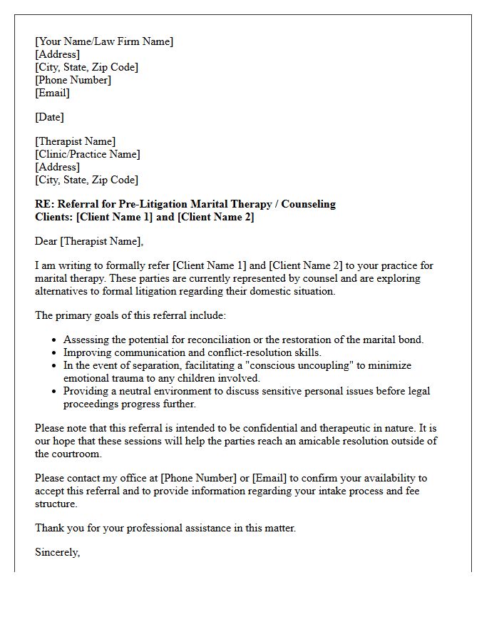 Pre-Litigation Marital Therapy Referral Letter