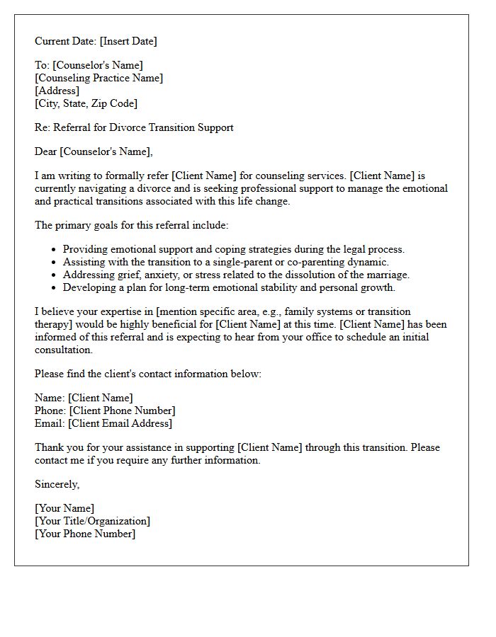 Divorce Transition Support Referral Letter to Counselor
