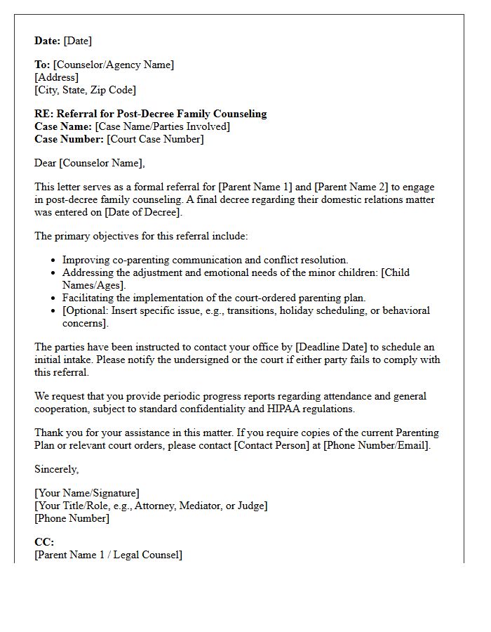 Post-Decree Family Counseling Referral Letter