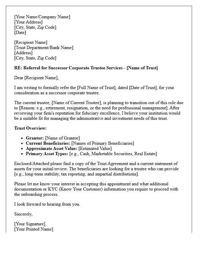 Successor Corporate Trustee Appointment Referral Letter