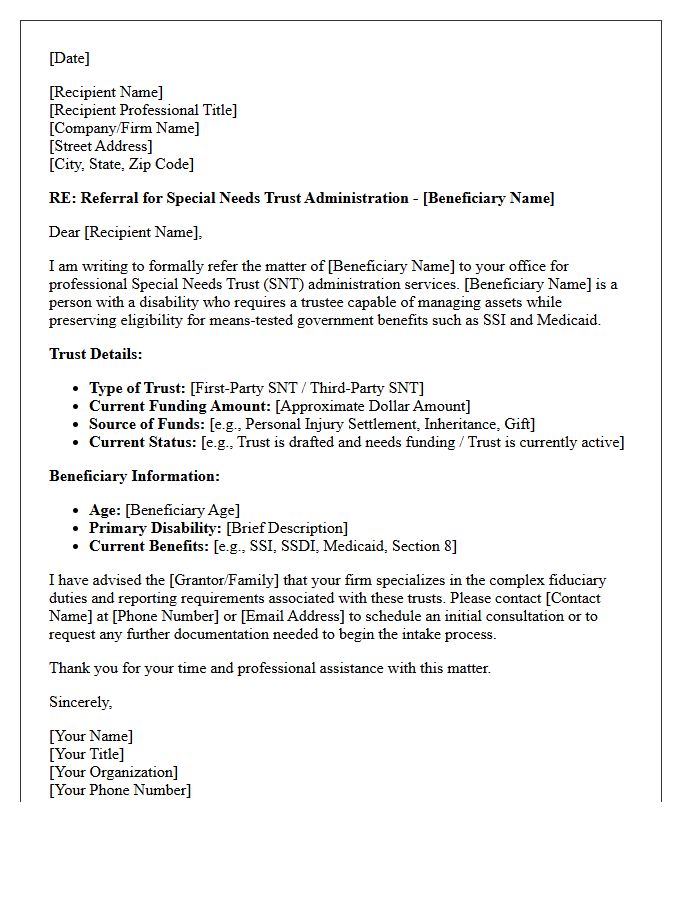 Special Needs Trust Administration Referral Letter