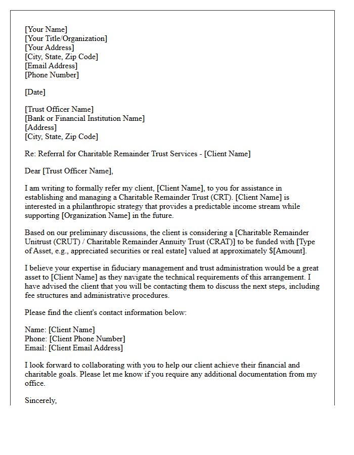 Charitable Remainder Trust Officer Referral Letter