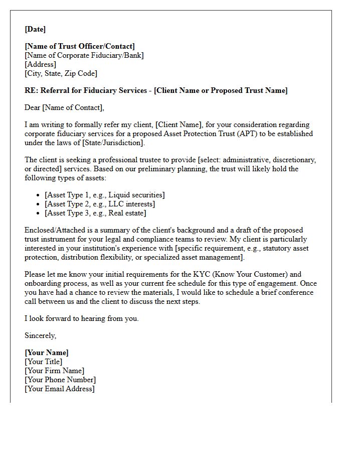 Asset Protection Trust Corporate Fiduciary Referral Letter