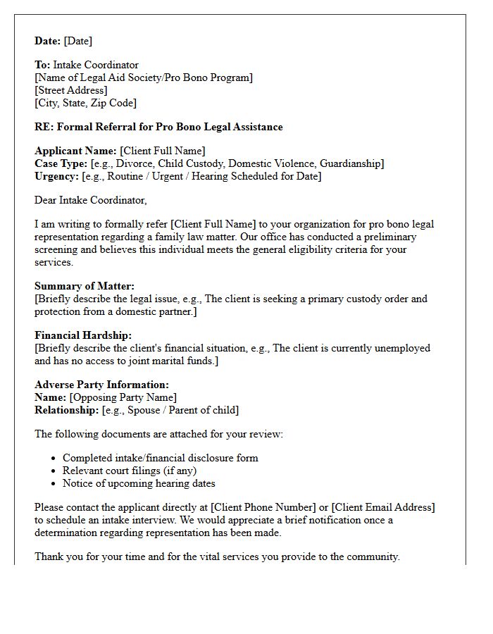 Family Law Pro Bono Legal Aid Society Referral Letter