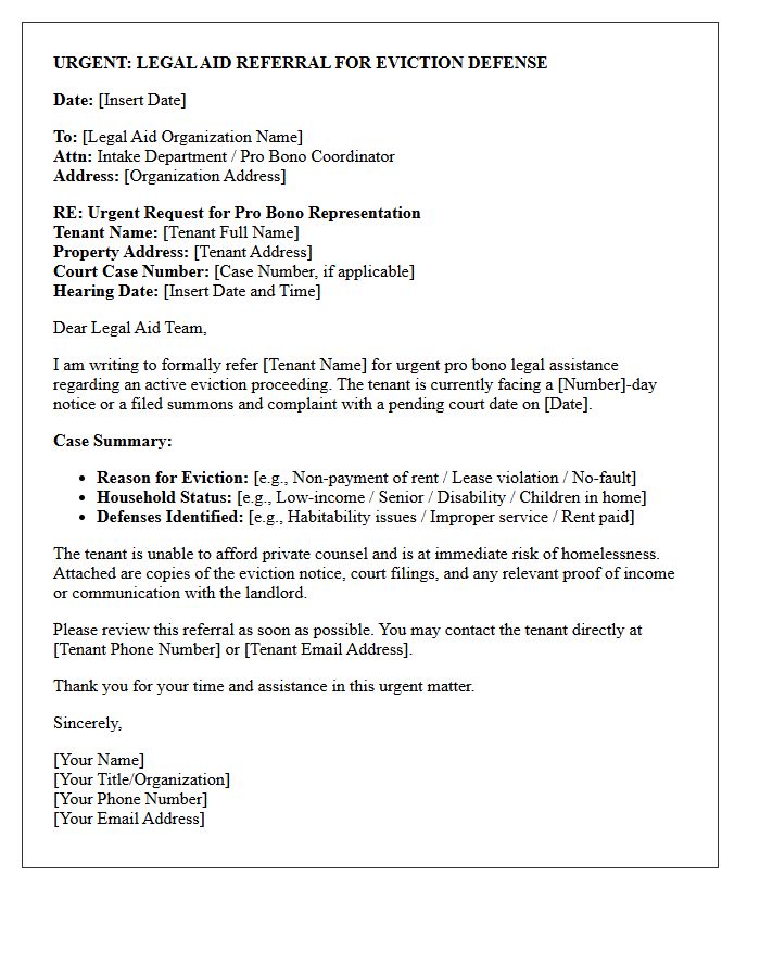 Urgent Eviction Defense Pro Bono Legal Aid Referral Letter