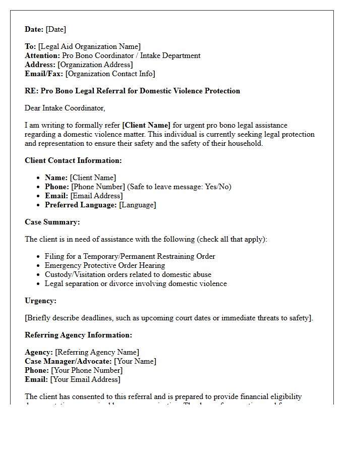 Domestic Violence Protection Pro Bono Legal Aid Referral Letter