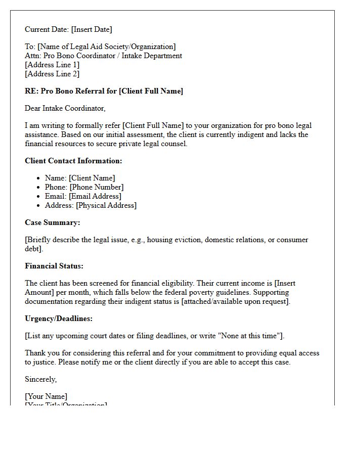Indigent Client Pro Bono Legal Aid Society Referral Letter