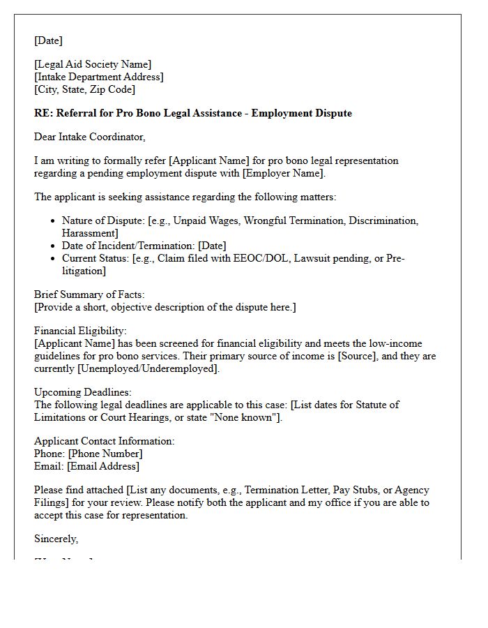 Employment Dispute Pro Bono Legal Aid Society Referral Letter