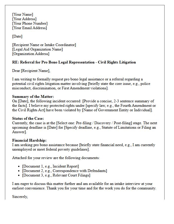 Civil Rights Litigation Pro Bono Legal Aid Referral Letter