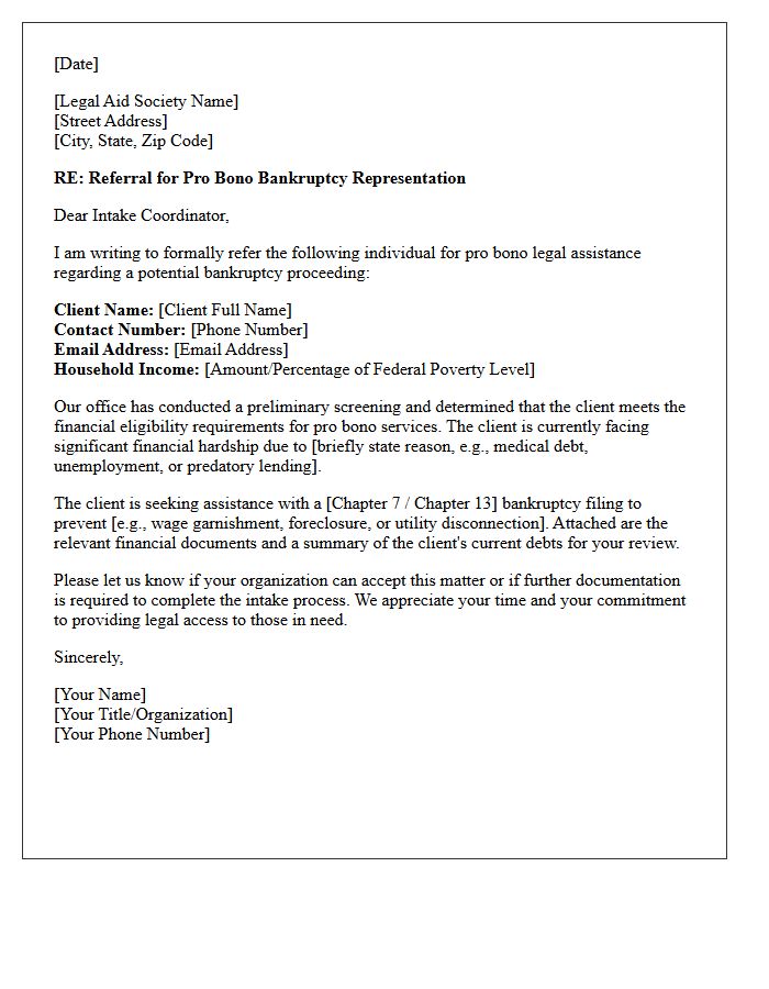 Bankruptcy Proceeding Pro Bono Legal Aid Society Referral Letter