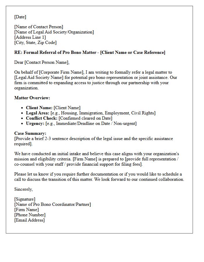 Corporate Firm Partnership Pro Bono Legal Aid Society Referral Letter