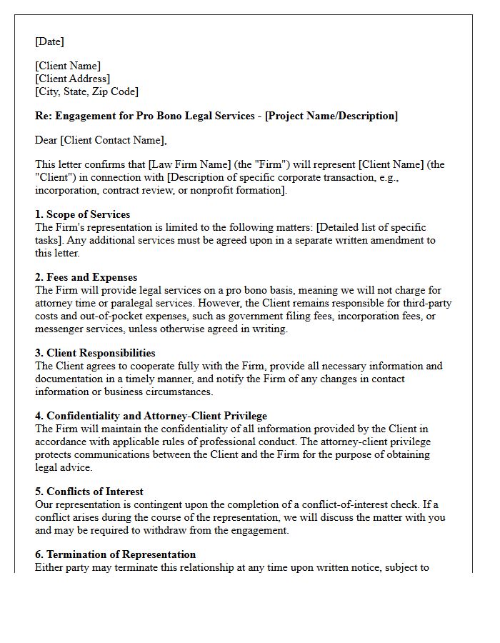 Corporate Transactional Pro Bono Engagement Letter