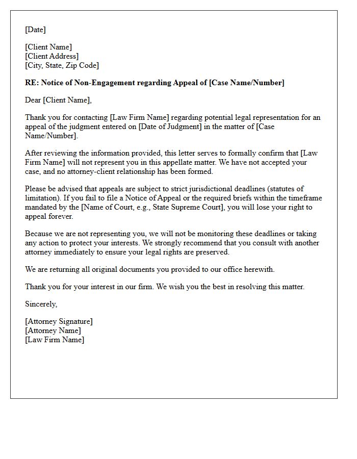 Appellate Legal Representation Non-Engagement Letter