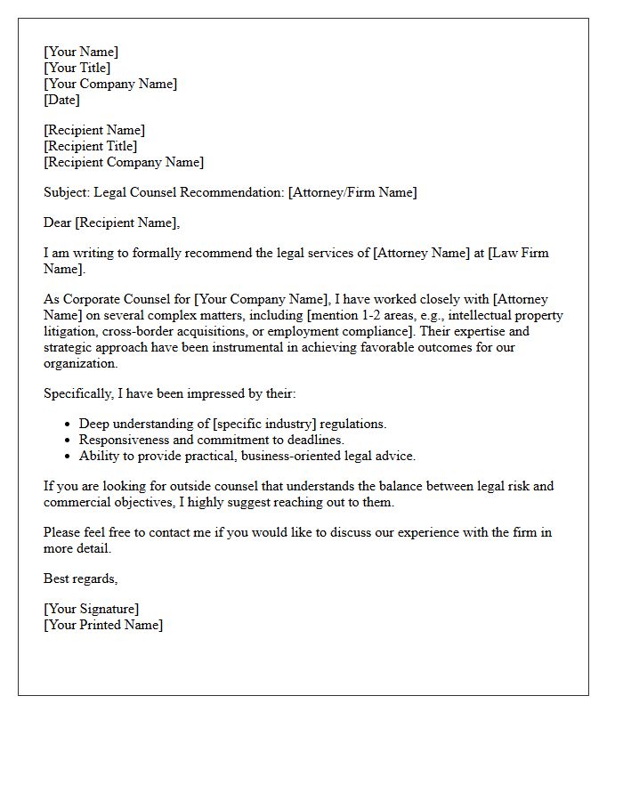 Corporate Counsel Satisfied Client Referral Letter