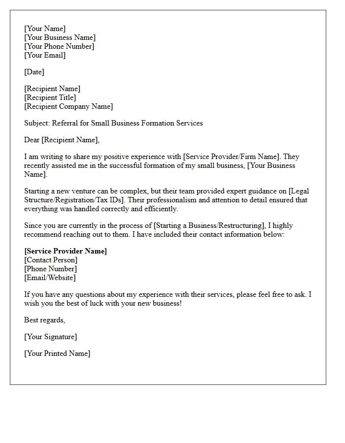 Small Business Formation Success Referral Letter
