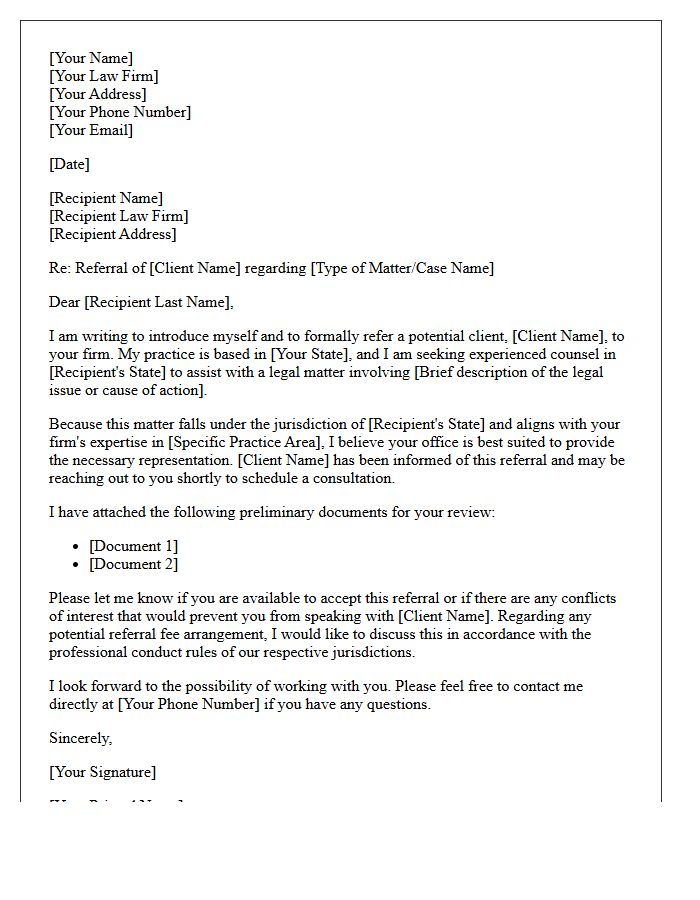 Out of State Jurisdiction Peer Attorney Introduction and Referral Letter