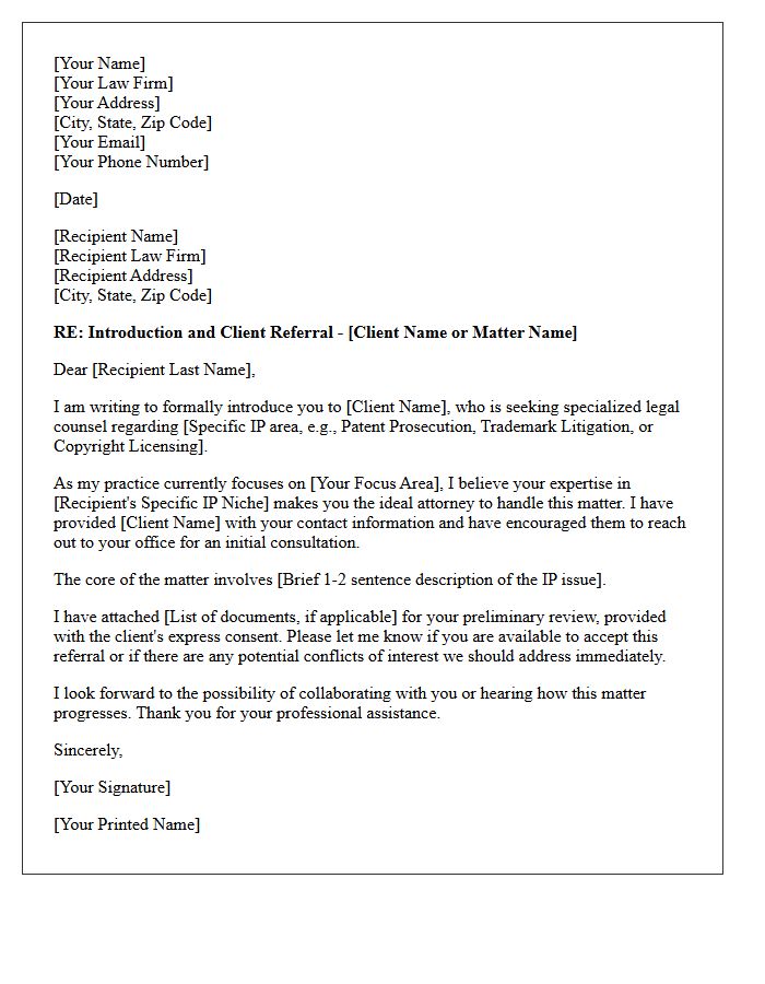 Intellectual Property Peer Attorney Introduction and Referral Letter