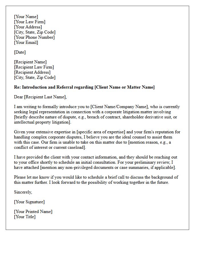 Corporate Litigation Peer Attorney Introduction and Referral Letter