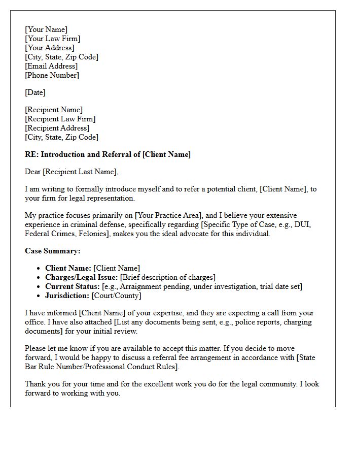 Criminal Defense Peer Attorney Introduction and Referral Letter