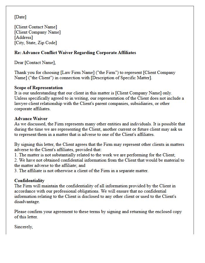 Corporate Affiliate Advance Conflict Waiver Letter