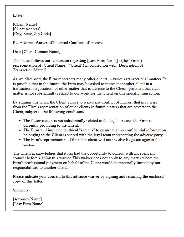 Transactional Matter Advance Conflict Waiver Letter