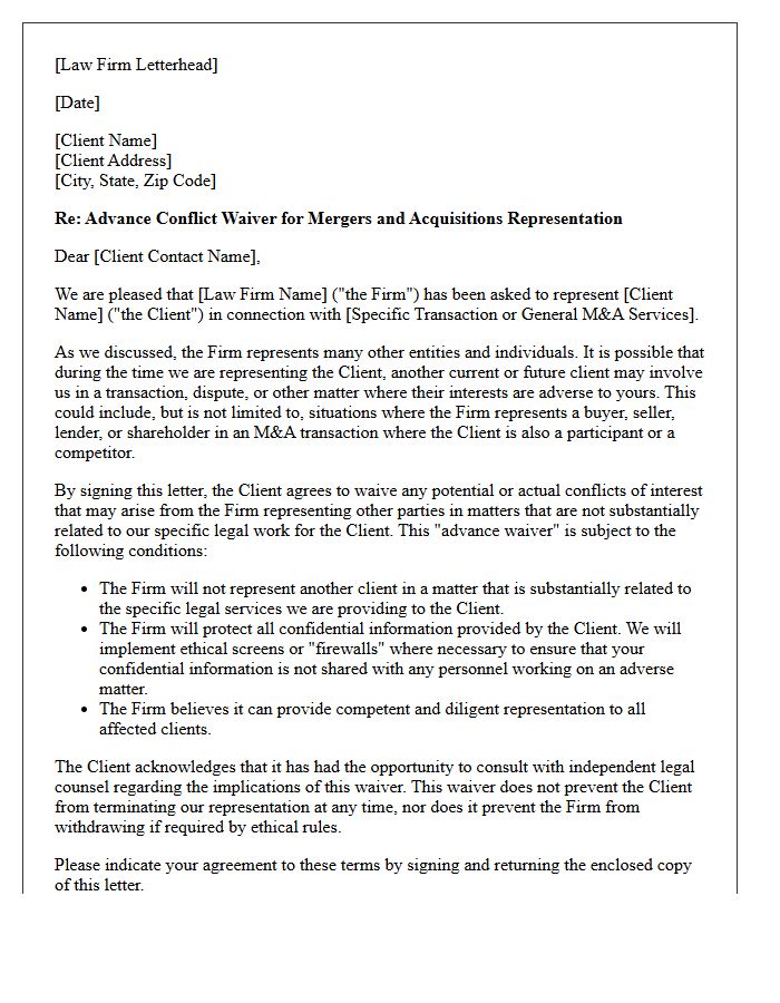 Mergers and Acquisitions Advance Conflict Waiver Letter