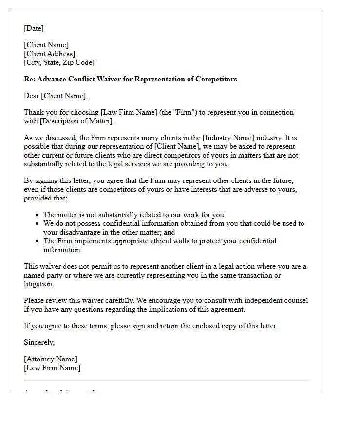 Competitor Representation Advance Conflict Waiver Letter