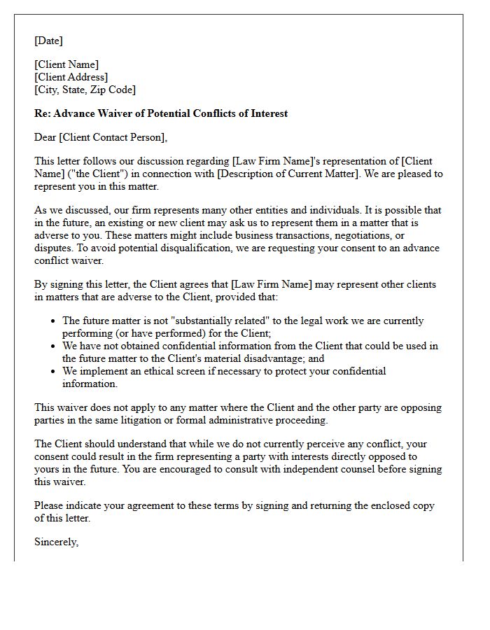 Standard Advance Conflict Waiver Letter for Prospective Business Matters