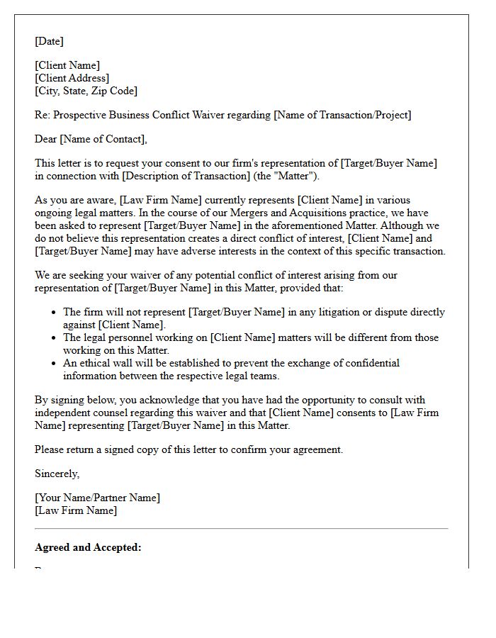 Mergers and Acquisitions Prospective Business Conflict Waiver Letter