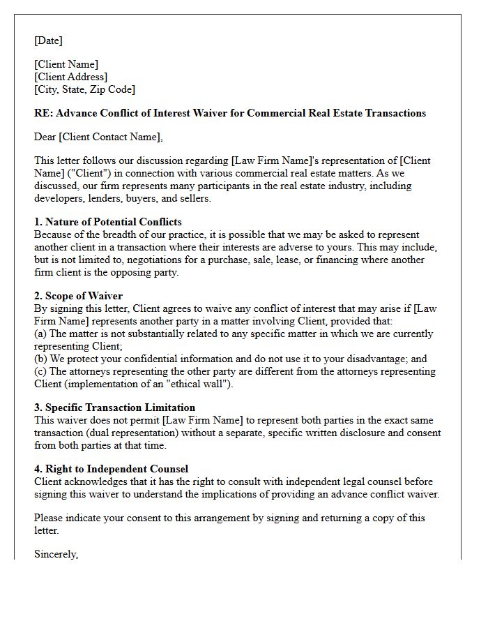 Commercial Real Estate Transaction Advance Conflict Waiver Letter