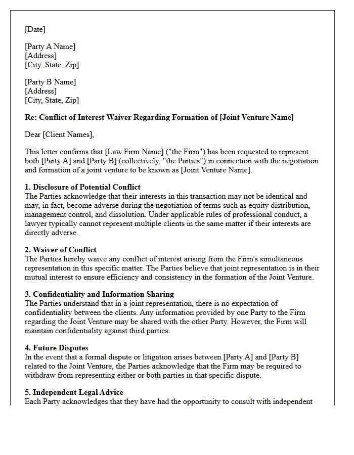 Joint Venture Formation Advance Conflict Waiver Letter