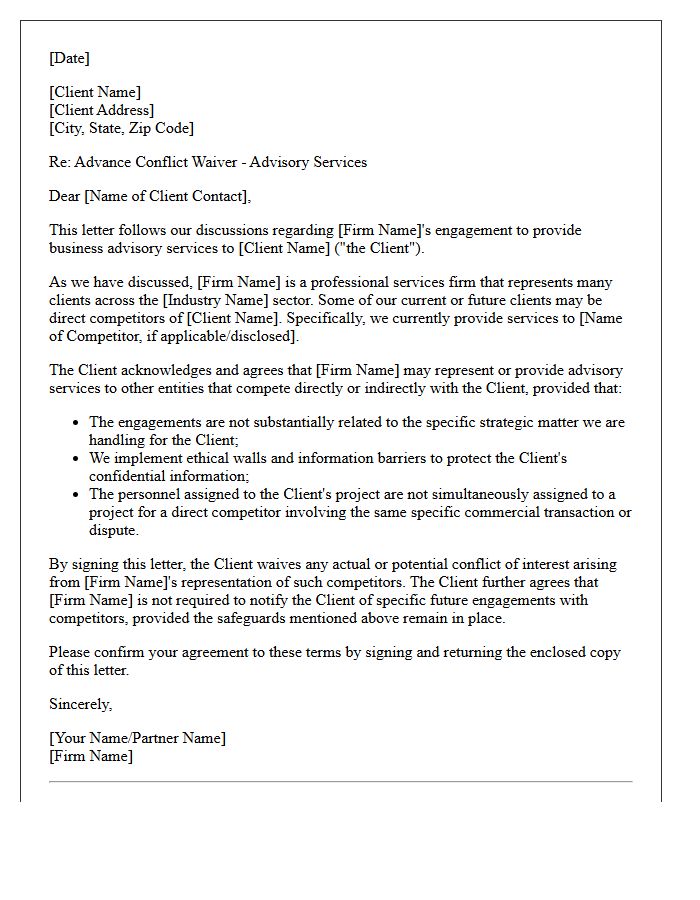 Direct Competitor Business Advisory Advance Conflict Waiver Letter