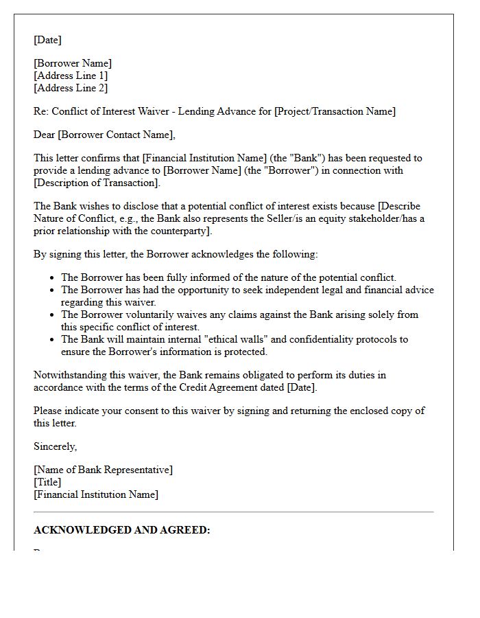 Financial Institution Lending Advance Conflict Waiver Letter