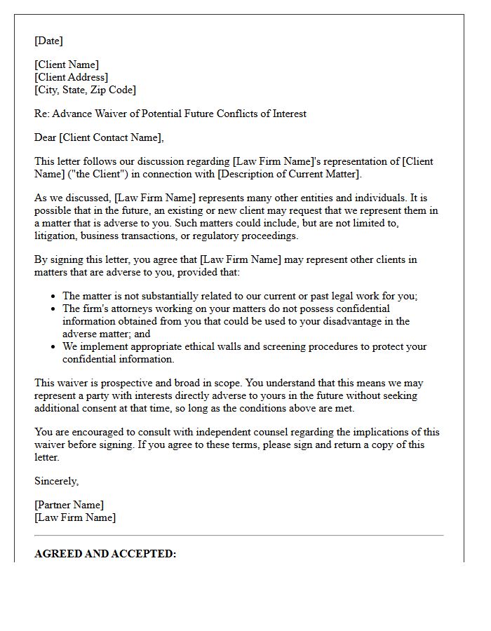 Broad Scope Advance Conflict Waiver Letter for Future Transactions