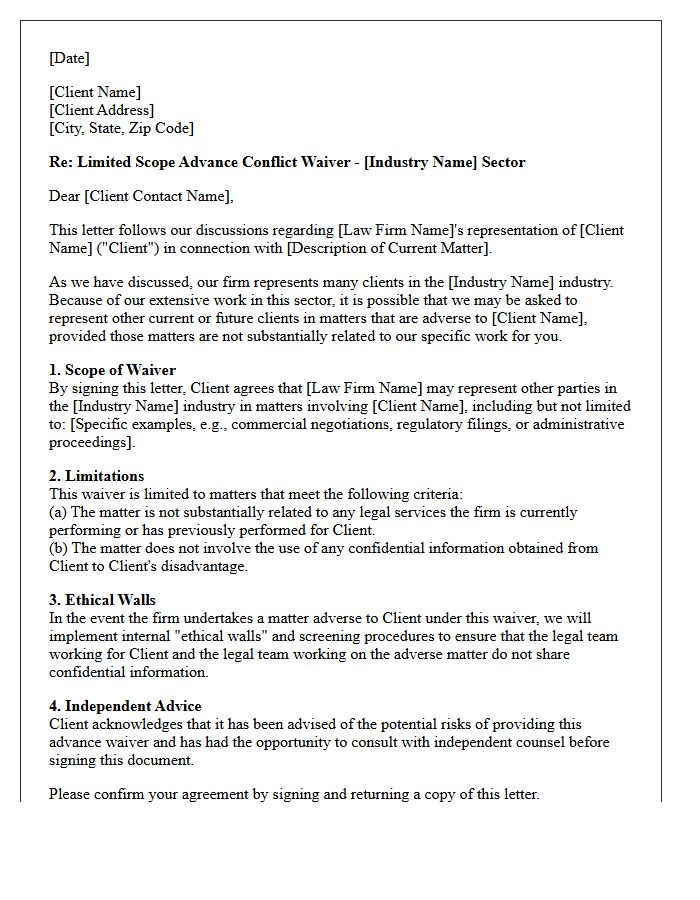Limited Scope Advance Conflict Waiver Letter for Specific Industries