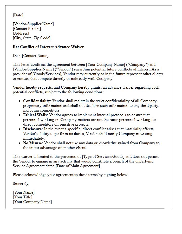 Vendor and Supplier Agreement Advance Conflict Waiver Letter