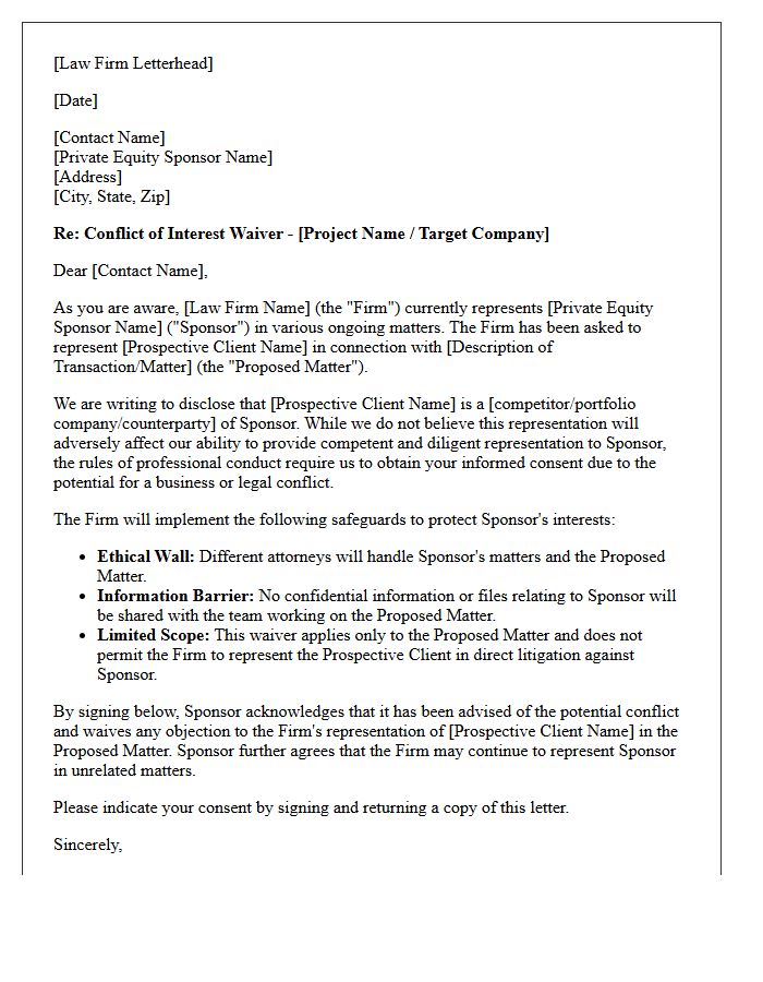 Private Equity Sponsor Prospective Business Conflict Waiver Letter