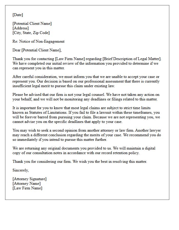 Insufficient Legal Merit Non-Engagement Letter