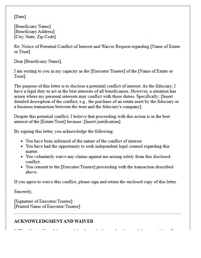 Beneficiary and Fiduciary Conflict Waiver Letter