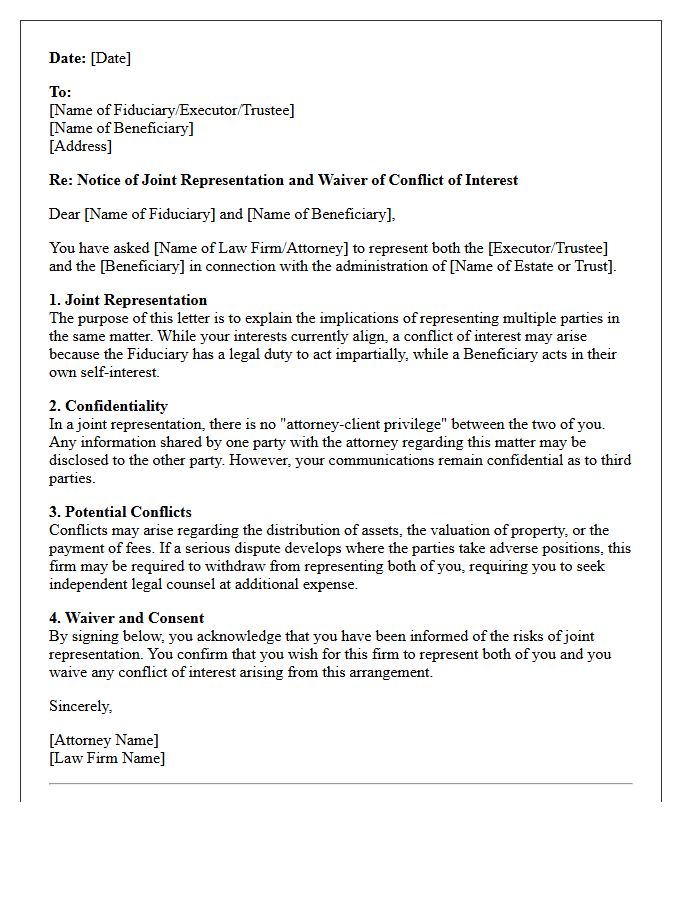 Joint Representation Beneficiary and Fiduciary Conflict Waiver Letter