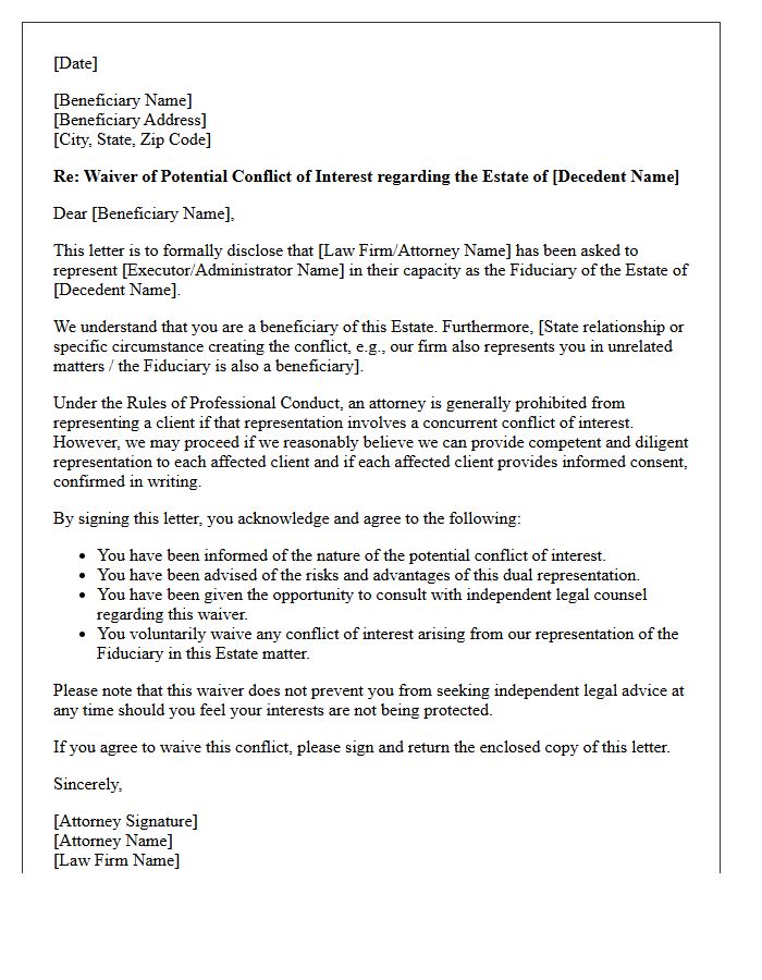 Estate Representation Beneficiary and Fiduciary Conflict Waiver Letter