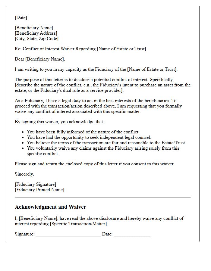 Beneficiary and Fiduciary Conflict of Interest Waiver Letter