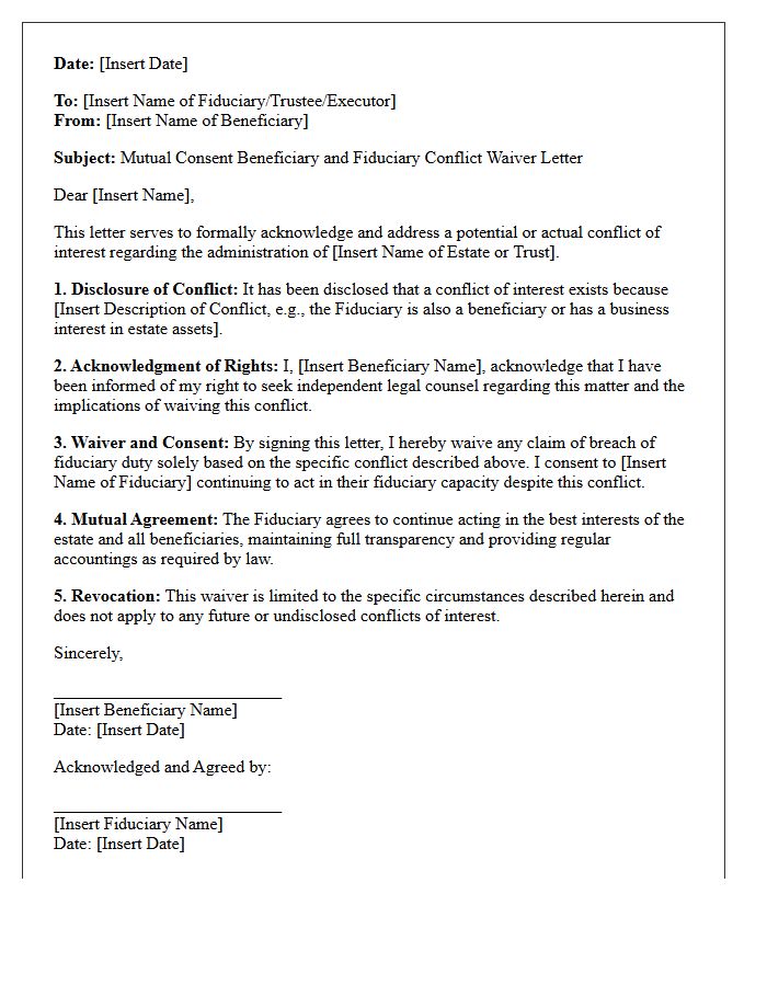 Mutual Consent Beneficiary and Fiduciary Conflict Waiver Letter