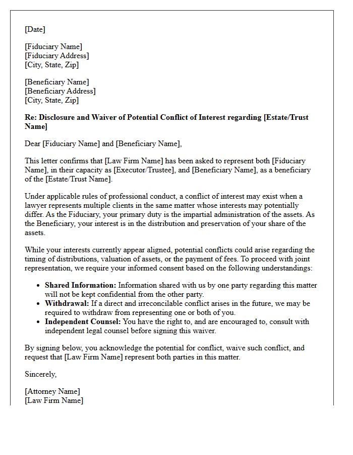 Legal Counsel Beneficiary and Fiduciary Conflict Waiver Letter