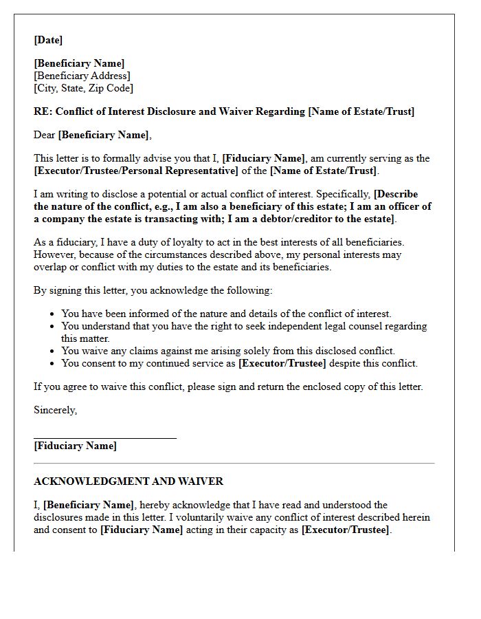 Fiduciary and Beneficiary Acknowledgment and Conflict Waiver Letter