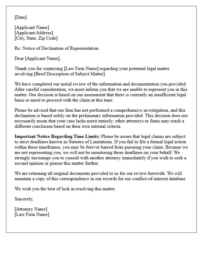 Declination of Representation Due to Insufficient Legal Merit Letter