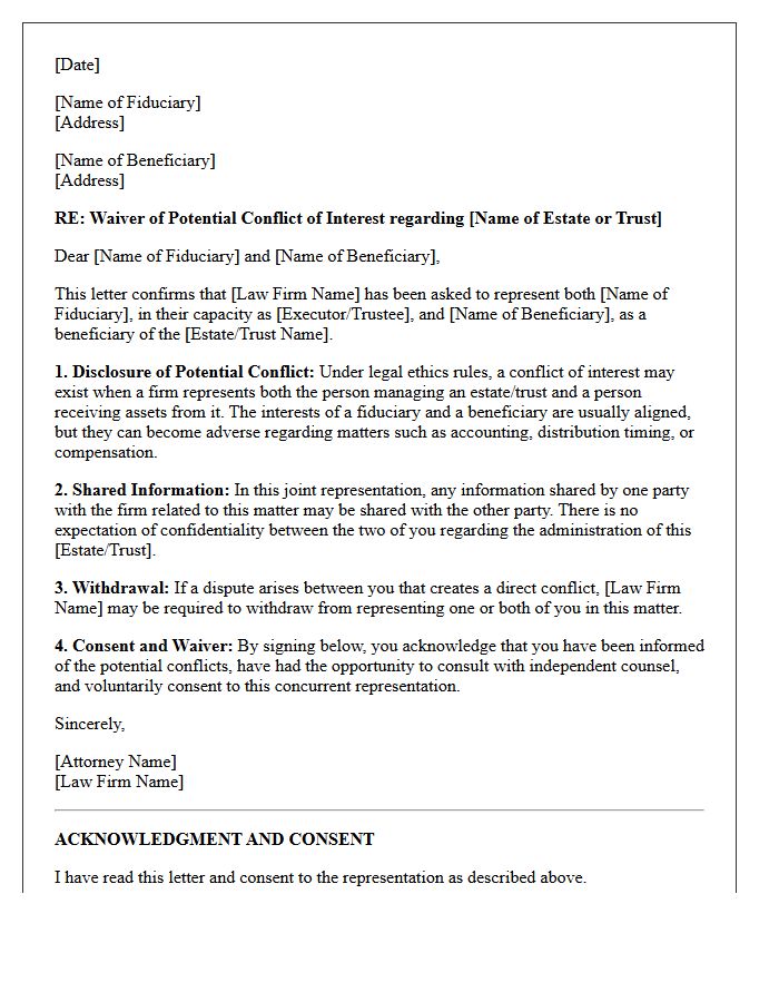 Concurrent Representation Beneficiary and Fiduciary Conflict Waiver Letter